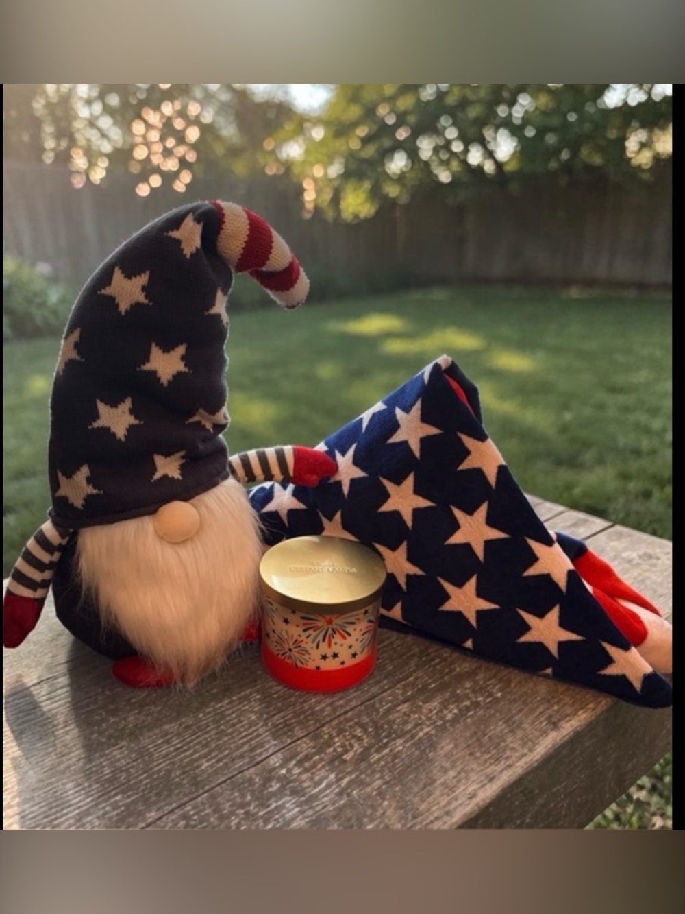 Patriotic 20” Gnome Plush 3 Wick Candle,  30” x 60” American Flag Beach Towel - Picture 7 of 16